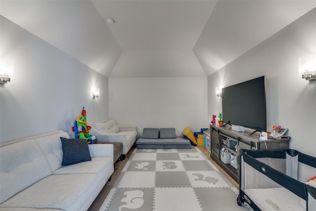 living area with wood finished floors and lofted ceiling