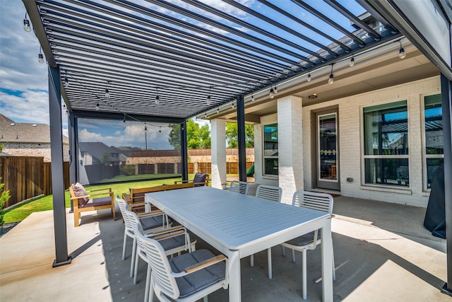 view of patio / terrace featuring a fenced backyard, a pergola, and outdoor dining area