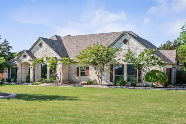 french country inspired facade with roof with shingles, stone siding, and a front lawn