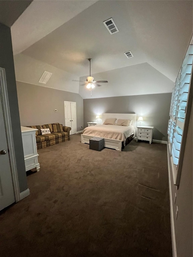 7040 Cross Point Ln, Little Elm, TX 76227 - bedroom featuring lofted ceiling, dark carpet, ceiling fan, and baseboards
