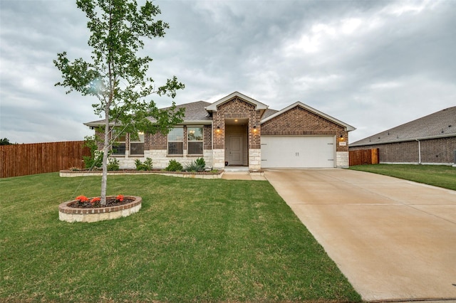 1349 Rolling Meadows Dr, Cedar Hill, TX 75104 - view of front facade featuring fence, an attached garage, brick siding, driveway, and a front lawn
