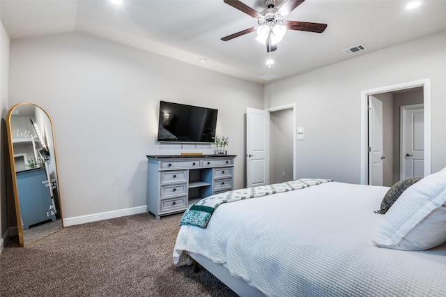 1349 Rolling Meadows Dr, Cedar Hill, TX 75104 - bedroom with lofted ceiling, visible vents, dark colored carpet, a ceiling fan, and baseboards