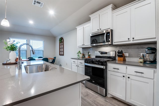 1349 Rolling Meadows Dr, Cedar Hill, TX 75104 - kitchen featuring a sink, stainless steel appliances, tasteful backsplash, visible vents, and light wood finished floors