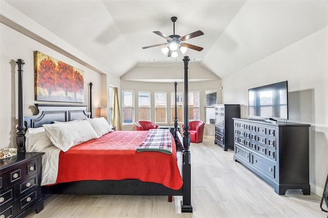 2828 Mariposa Dr, Grand Prairie, TX 75054 - bedroom featuring vaulted ceiling, light wood-style flooring, baseboards, and a ceiling fan