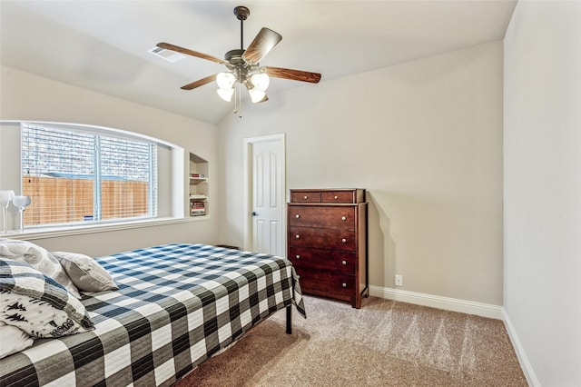 2828 Mariposa Dr, Grand Prairie, TX 75054 - bedroom with light colored carpet, baseboards, vaulted ceiling, and a ceiling fan