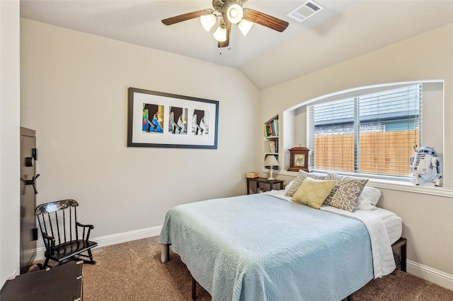 2828 Mariposa Dr, Grand Prairie, TX 75054 - bedroom with light carpet, baseboards, ceiling fan, connected bathroom, and lofted ceiling