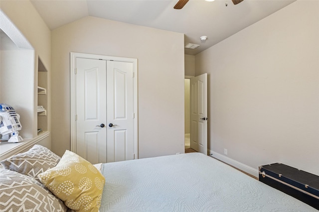 2828 Mariposa Dr, Grand Prairie, TX 75054 - carpeted bedroom featuring baseboards, ceiling fan, and lofted ceiling