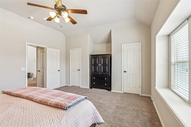 2828 Mariposa Dr, Grand Prairie, TX 75054 - carpeted bedroom featuring lofted ceiling, baseboards, and ceiling fan
