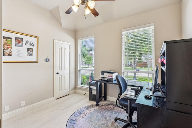 2828 Mariposa Dr, Grand Prairie, TX 75054 - home office featuring ceiling fan, wood finished floors, baseboards, and vaulted ceiling