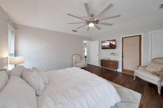 2227 Timberwood, Carrollton, TX 75006 - bedroom featuring a ceiling fan, dark wood-type flooring, baseboards, and visible vents