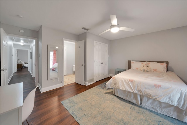 2227 Timberwood, Carrollton, TX 75006 - bedroom with a ceiling fan, attic access, visible vents, dark wood-style flooring, and baseboards