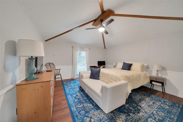 2227 Timberwood, Carrollton, TX 75006 - bedroom featuring a ceiling fan, wainscoting, wood finished floors, and vaulted ceiling