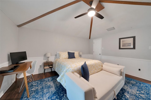 2227 Timberwood, Carrollton, TX 75006 - bedroom with wood finished floors, visible vents, wainscoting, ceiling fan, and lofted ceiling