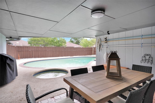 2227 Timberwood, Carrollton, TX 75006 - view of swimming pool featuring a patio area, a grill, a fenced backyard, a fenced in pool, and an in ground hot tub