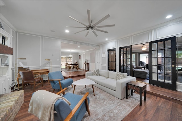 2227 Timberwood, Carrollton, TX 75006 - living room with a decorative wall, a ceiling fan, and ornamental molding