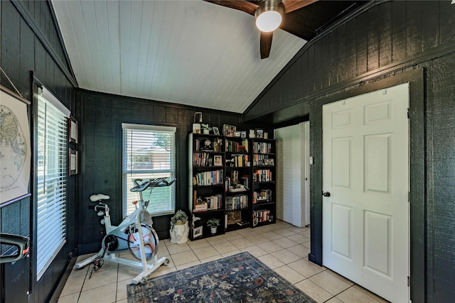 5921 Springbrook Dr, Tyler, TX 75707 - office area with vaulted ceiling, light tile patterned flooring, wood ceiling, and a ceiling fan