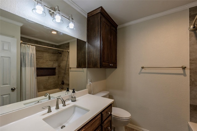 5921 Springbrook Dr, Tyler, TX 75707 - bathroom with shower / bathtub combination with curtain, vanity, ornamental molding, and toilet