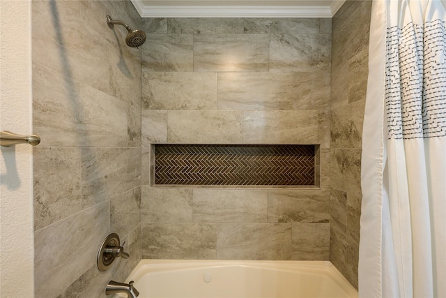 5921 Springbrook Dr, Tyler, TX 75707 - bathroom featuring shower / bath combo with shower curtain and ornamental molding