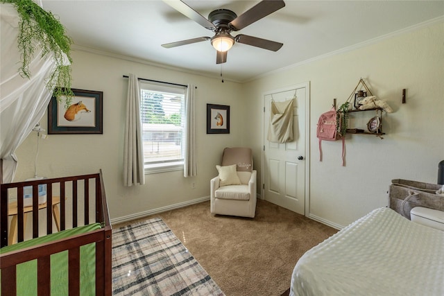 5921 Springbrook Dr, Tyler, TX 75707 - carpeted bedroom featuring baseboards, ornamental molding, and ceiling fan