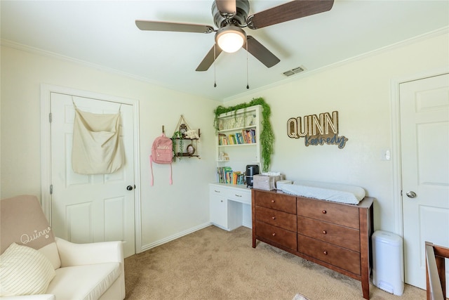 5921 Springbrook Dr, Tyler, TX 75707 - bedroom with a ceiling fan, light carpet, ornamental molding, and visible vents