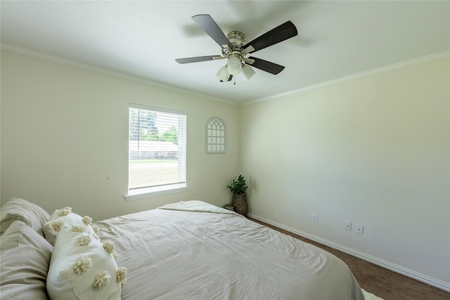 5921 Springbrook Dr, Tyler, TX 75707 - bedroom featuring baseboards, dark carpet, crown molding, and a ceiling fan