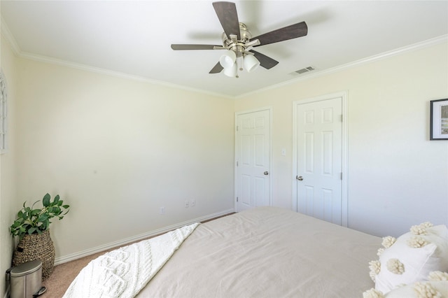5921 Springbrook Dr, Tyler, TX 75707 - bedroom with ceiling fan, visible vents, baseboards, and ornamental molding