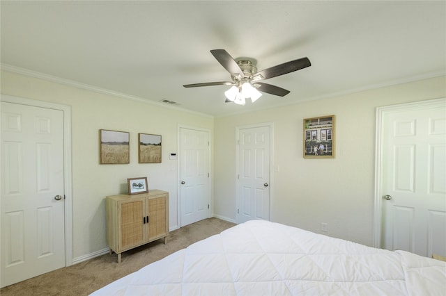 5921 Springbrook Dr, Tyler, TX 75707 - carpeted bedroom with crown molding, visible vents, baseboards, and a ceiling fan