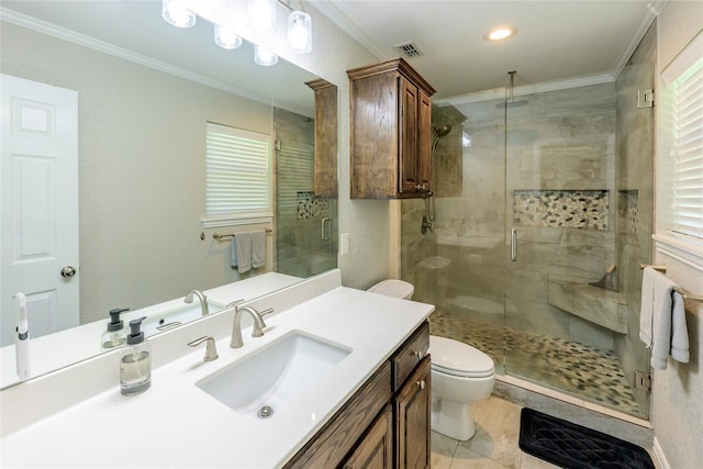 5921 Springbrook Dr, Tyler, TX 75707 - bathroom featuring crown molding, toilet, a stall shower, and vanity