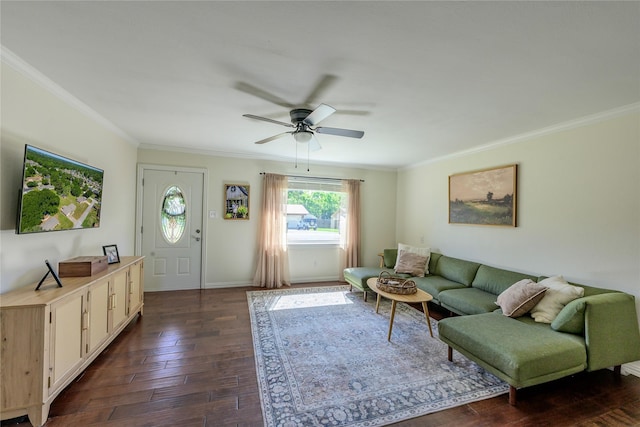 5921 Springbrook Dr, Tyler, TX 75707 - living area with ceiling fan, ornamental molding, and dark wood finished floors