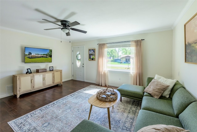 5921 Springbrook Dr, Tyler, TX 75707 - living room featuring a ceiling fan, visible vents, crown molding, and dark wood-style floors