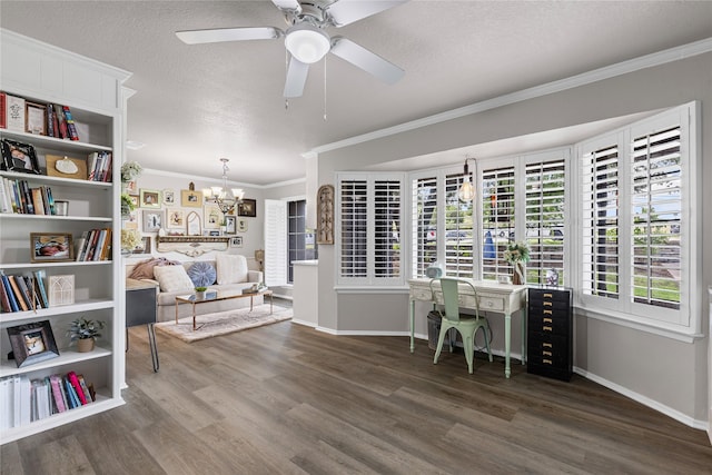 1105 Charles St, Weatherford, TX 76086 - office area featuring ornamental molding, baseboards, wood finished floors, a chandelier, and a textured ceiling