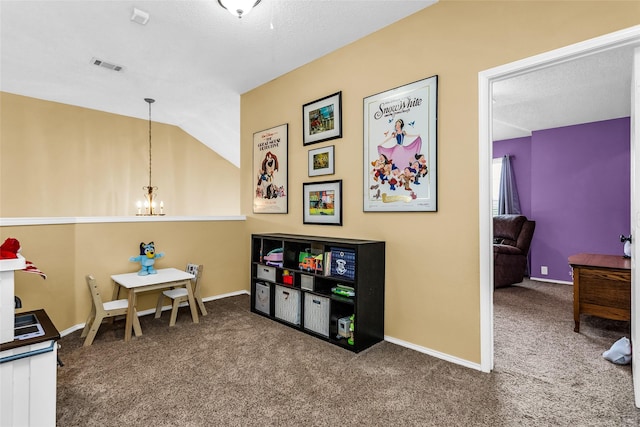 game room featuring a chandelier, carpet flooring, baseboards, and visible vents
