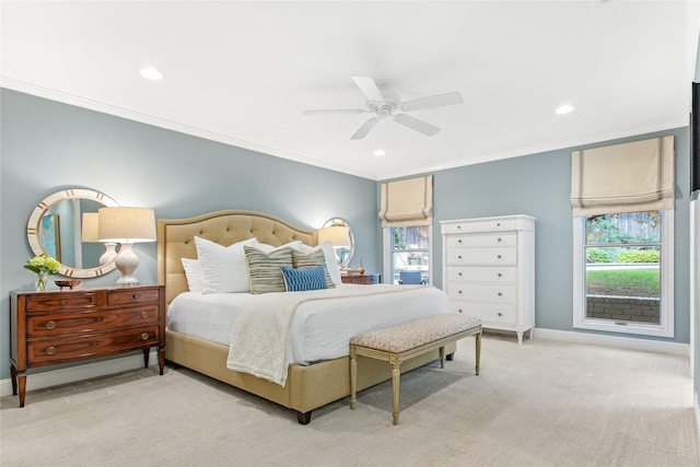 bedroom with crown molding, light carpet, and recessed lighting