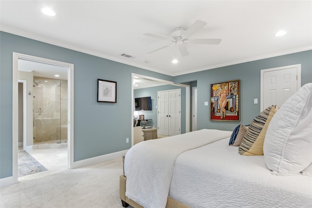 bedroom with recessed lighting, visible vents, and light colored carpet