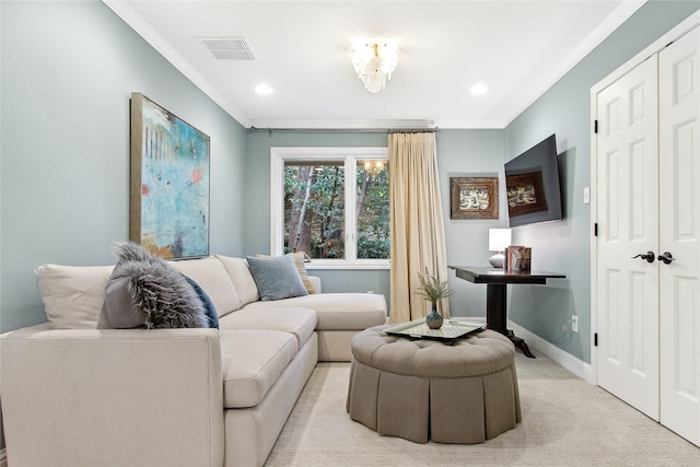 living area featuring baseboards, light carpet, ornamental molding, and visible vents