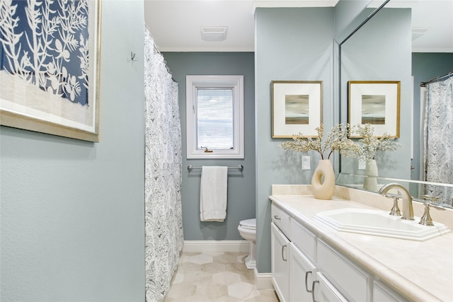 full bathroom with toilet, crown molding, visible vents, baseboards, and vanity