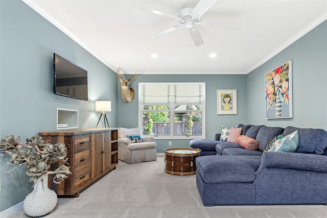 carpeted living room with baseboards, a ceiling fan, ornamental molding, and recessed lighting