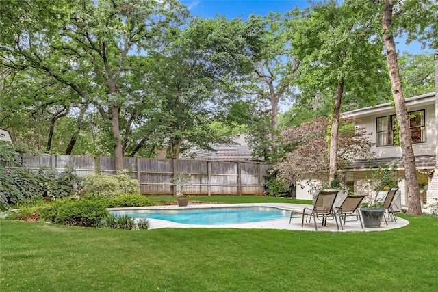 view of swimming pool featuring fence, a patio area, and a lawn