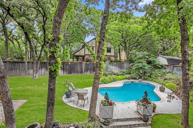 view of pool featuring a lawn, a patio area, a fenced in pool, and a fenced backyard