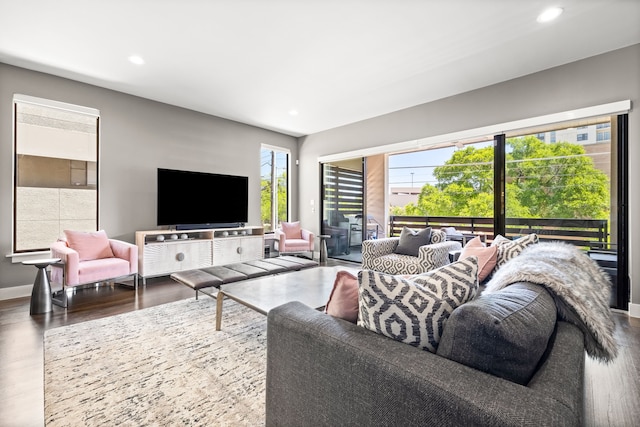 living area featuring recessed lighting, wood finished floors, and baseboards