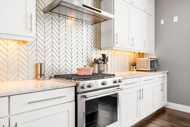 kitchen with stainless steel range with gas stovetop, extractor fan, backsplash, and light stone countertops