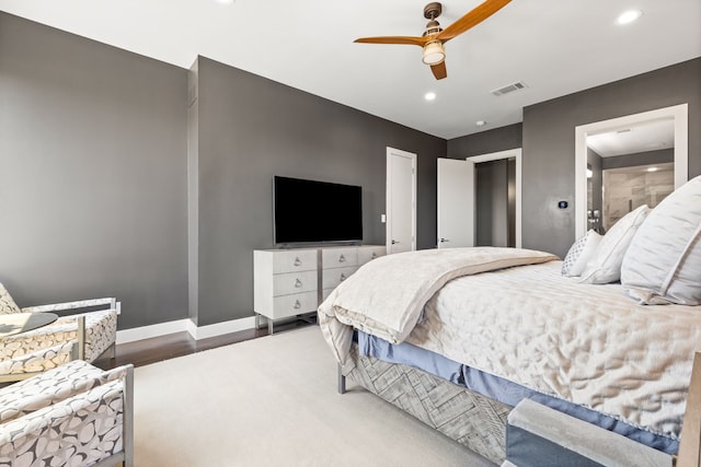 bedroom featuring recessed lighting, baseboards, wood finished floors, and ceiling fan