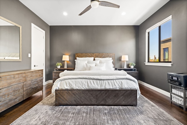 bedroom with wood finished floors, baseboards, recessed lighting, and a ceiling fan