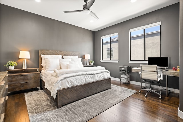 bedroom featuring recessed lighting, dark wood-style floors, baseboards, and a ceiling fan