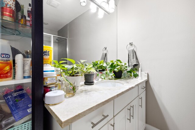bathroom featuring vanity and a shower with door