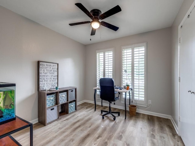 17607 Seedling Ct, Dallas, TX 75287 - office area featuring a ceiling fan, wood finished floors, and baseboards