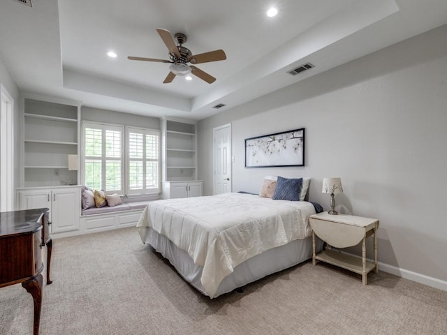17607 Seedling Ct, Dallas, TX 75287 - bedroom with a raised ceiling, light colored carpet, recessed lighting, baseboards, and ceiling fan