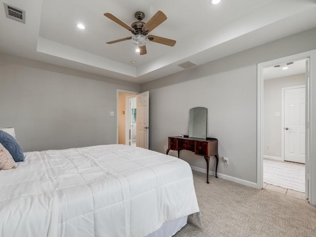 17607 Seedling Ct, Dallas, TX 75287 - bedroom featuring light carpet, recessed lighting, a raised ceiling, ceiling fan, and baseboards