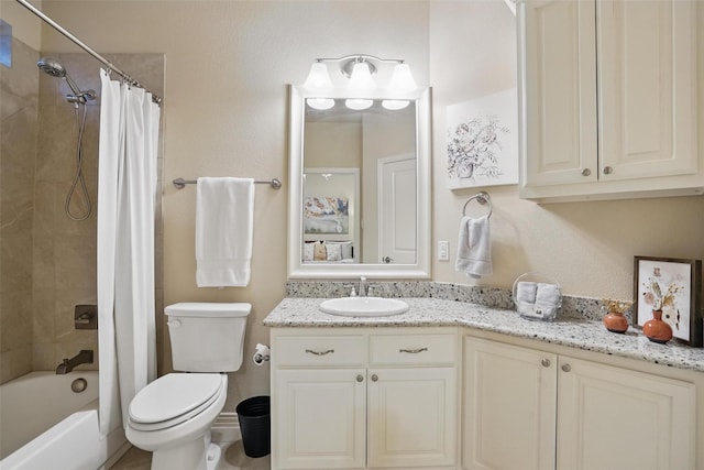 bathroom featuring vanity, toilet, and shower / bathtub combination with curtain