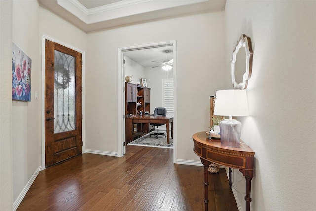 foyer featuring hardwood / wood-style flooring, ceiling fan, ornamental molding, and baseboards